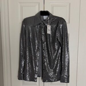 C/MEO Collective Silver Sequin Long Sleeve Button-Up Top